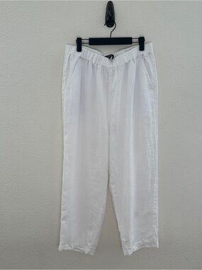 Quince White 100% Organic Linen Wide Leg Elastic Waist Pocket Pants Large